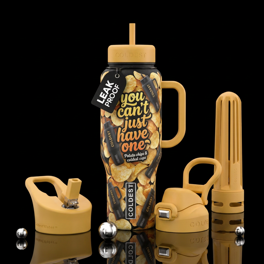 Potato chips & coldest cups “you can’t just have o... water bottle design