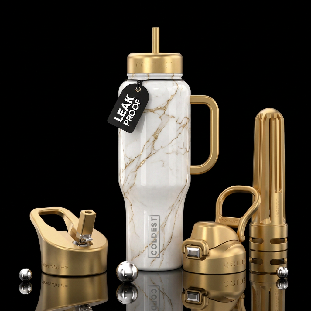 White quartz countertop with gold veins water bottle design
