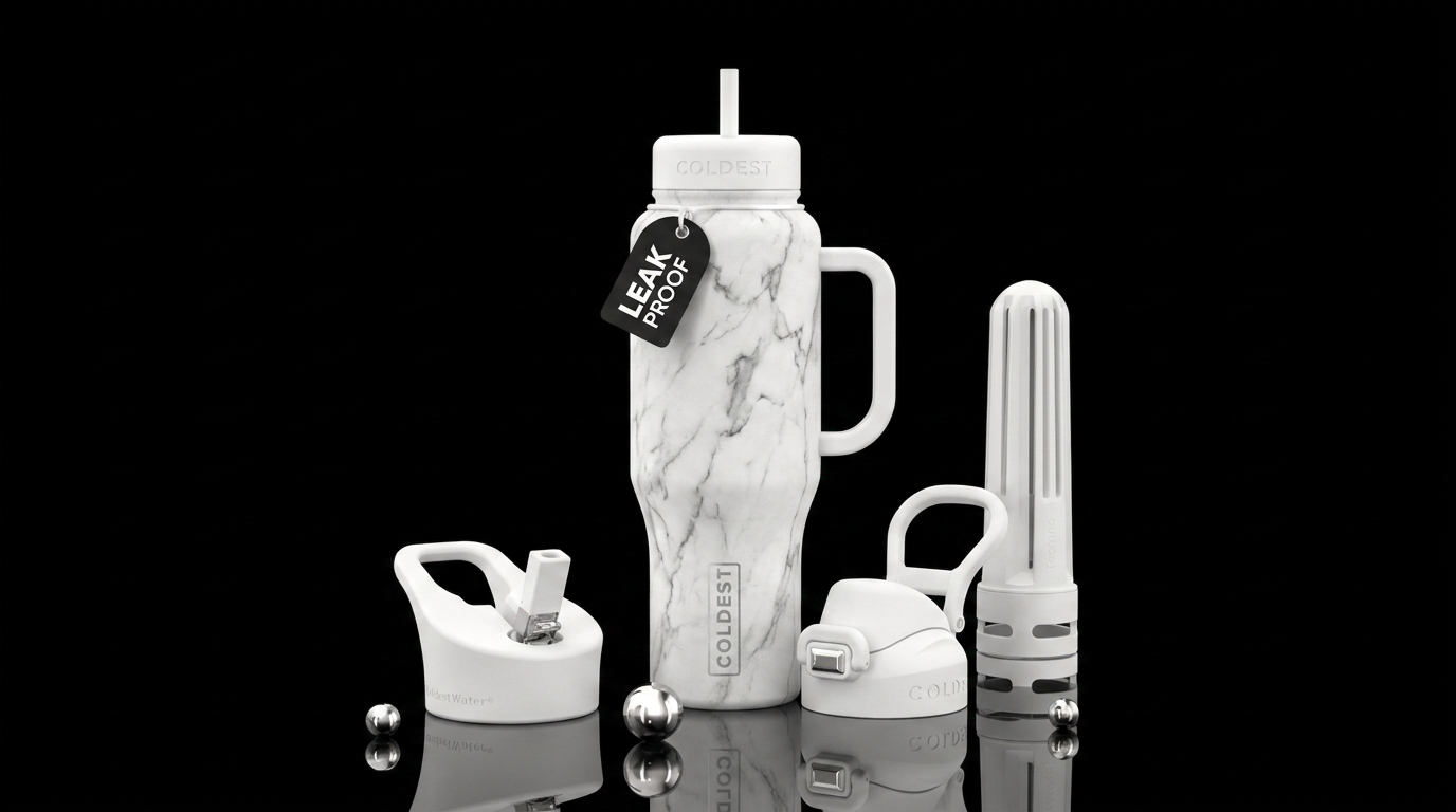 White quartz countertop with grey veins water bottle design