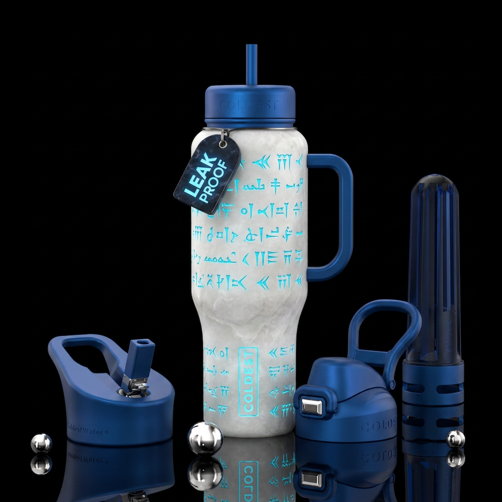 White alabaster with glowy blue ancient writing water bottle design
