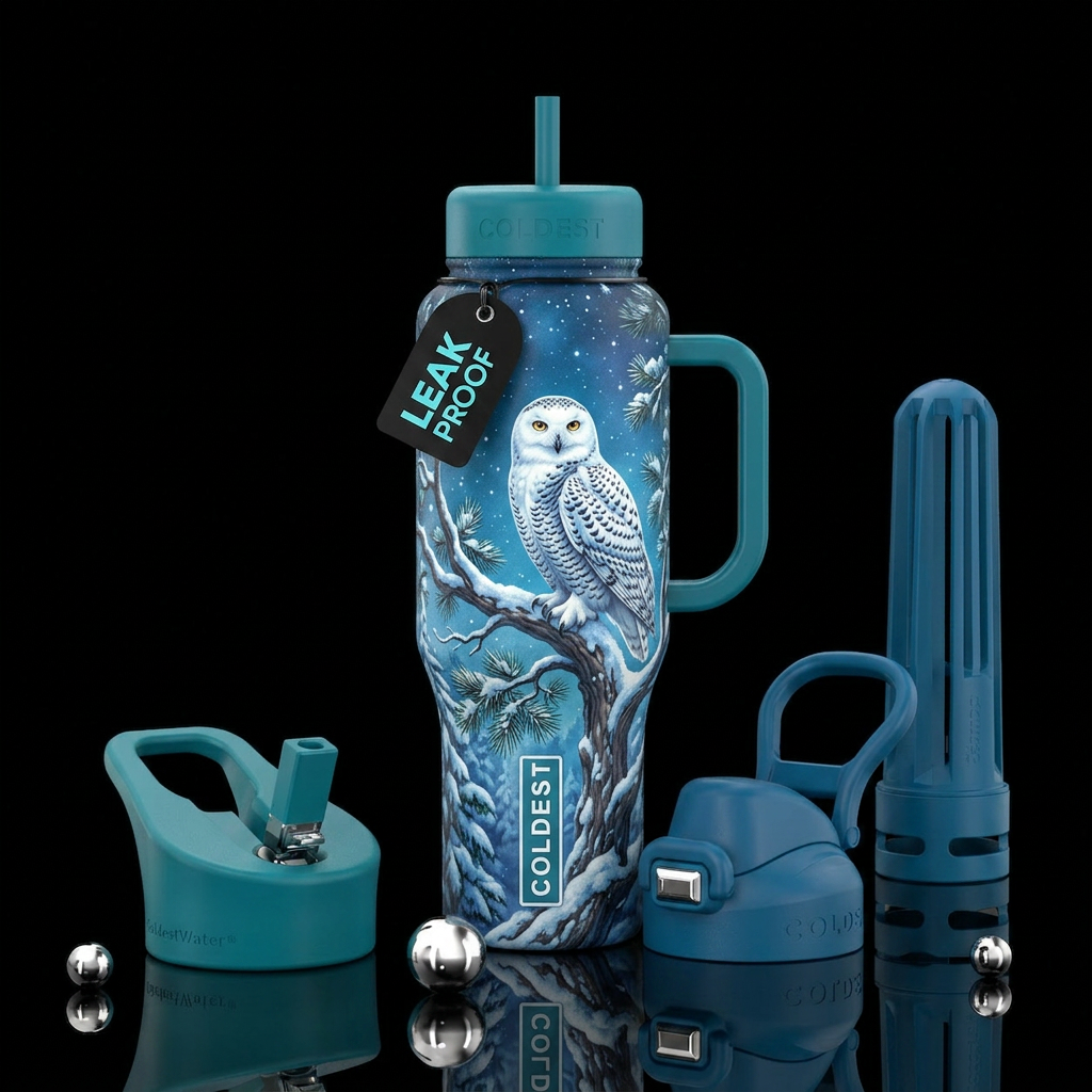 Snow owl on snow covered tree water bottle design