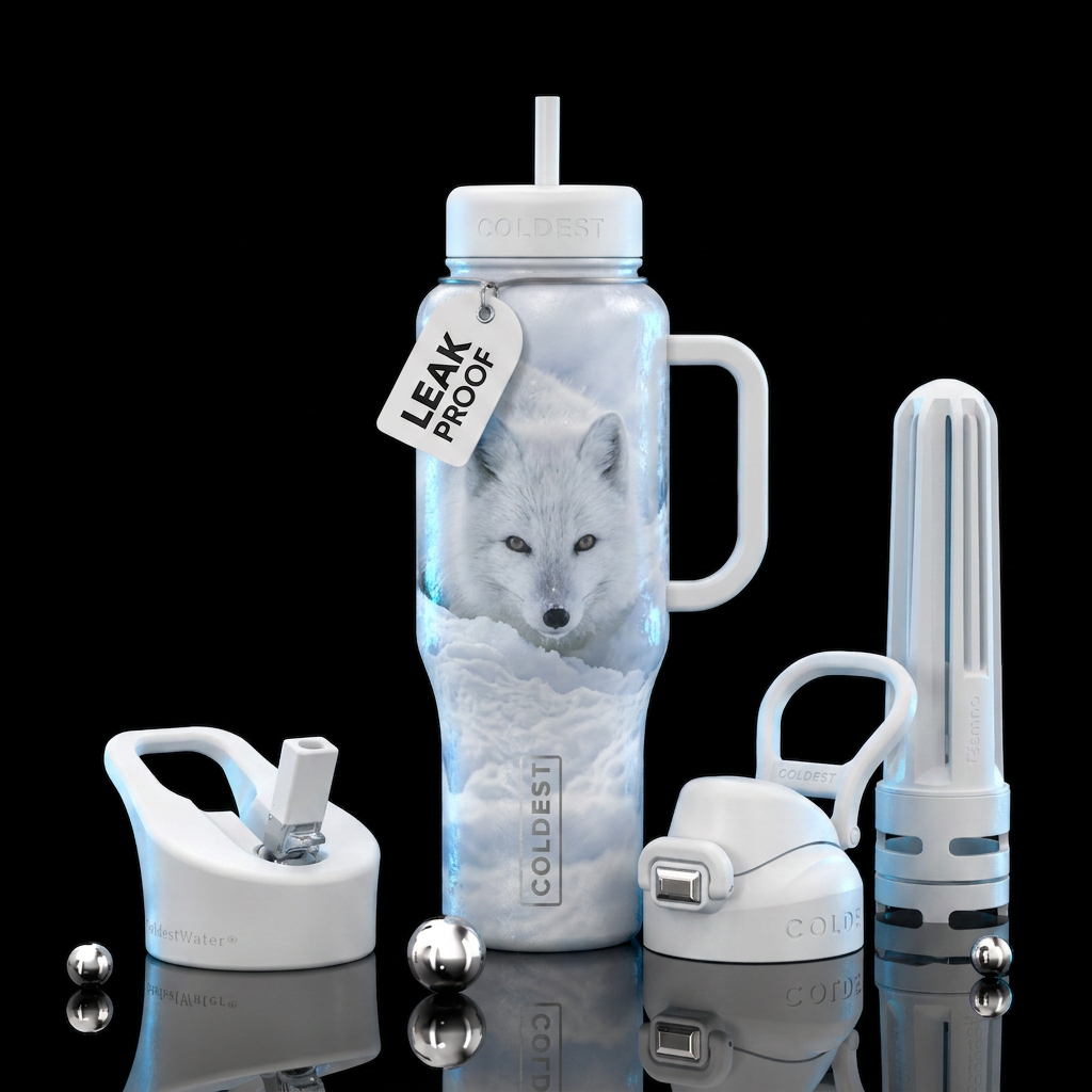 White fox hiding in the snow water bottle design