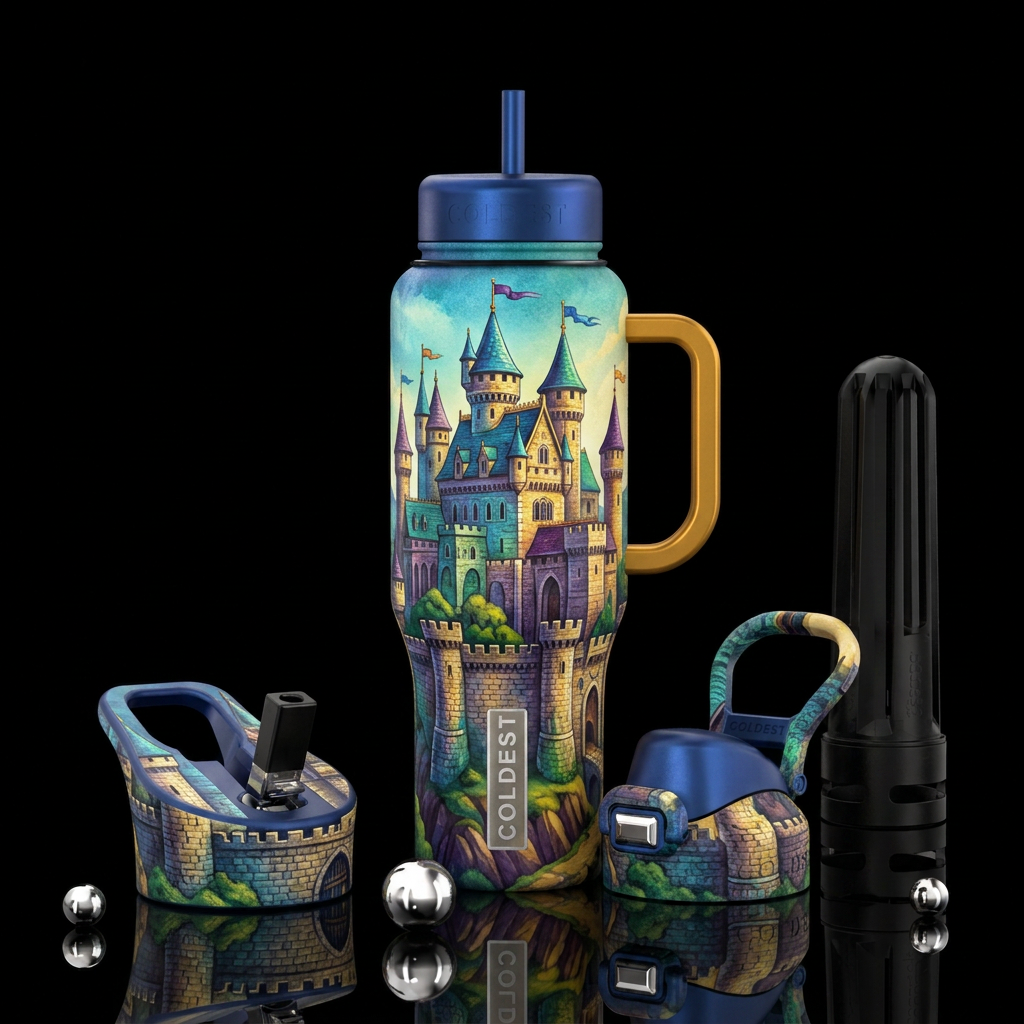 Castle fortress in mideval times water bottle design