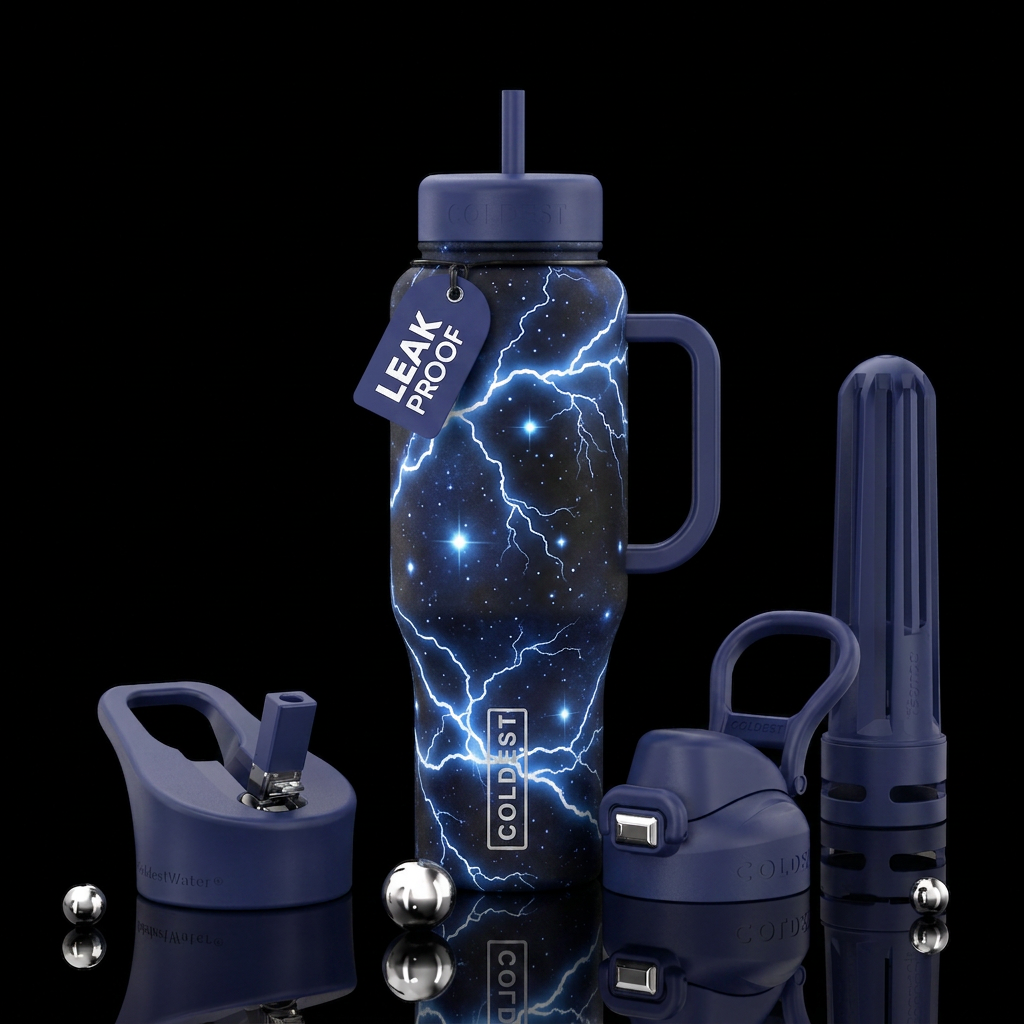 Glowy lightning bolts on night sky water bottle design
