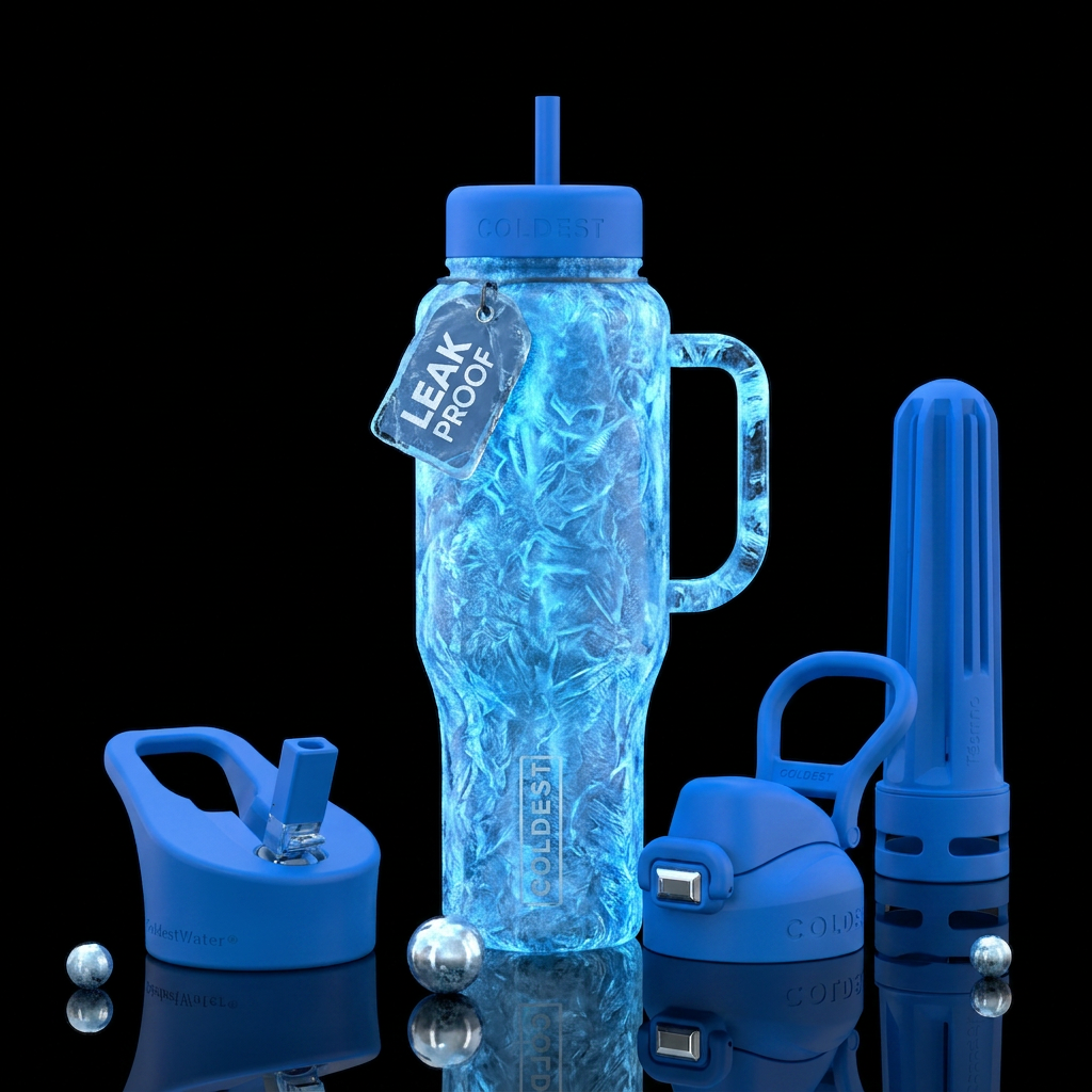 Tumbler is covered in of glowy blue ice water bottle design