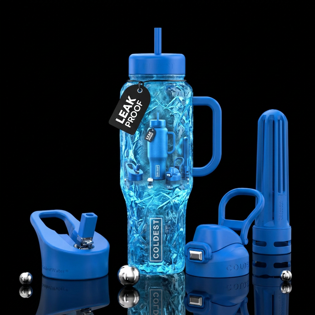 There is a mini tumbler inside glowy blue ice cove... water bottle design
