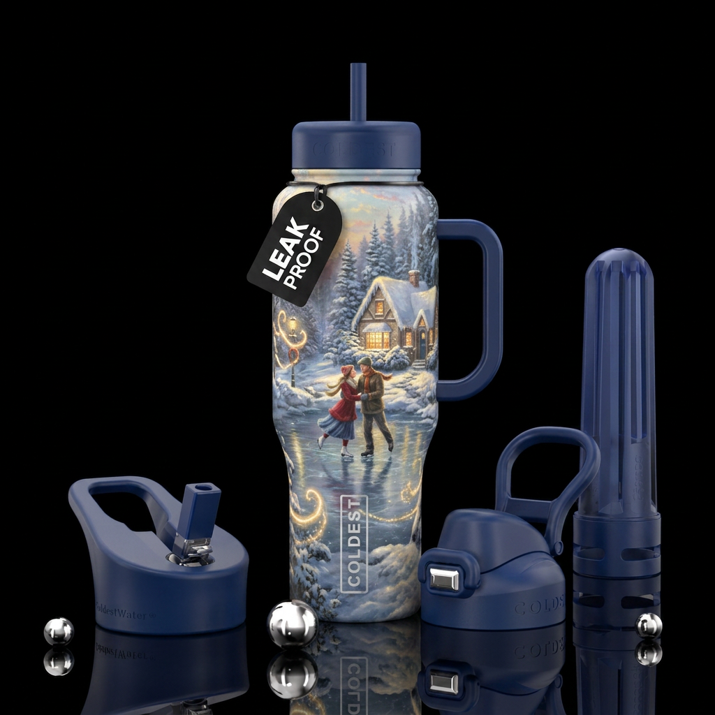 Couple ice skating in the spirit of Thomas Kinkade water bottle design