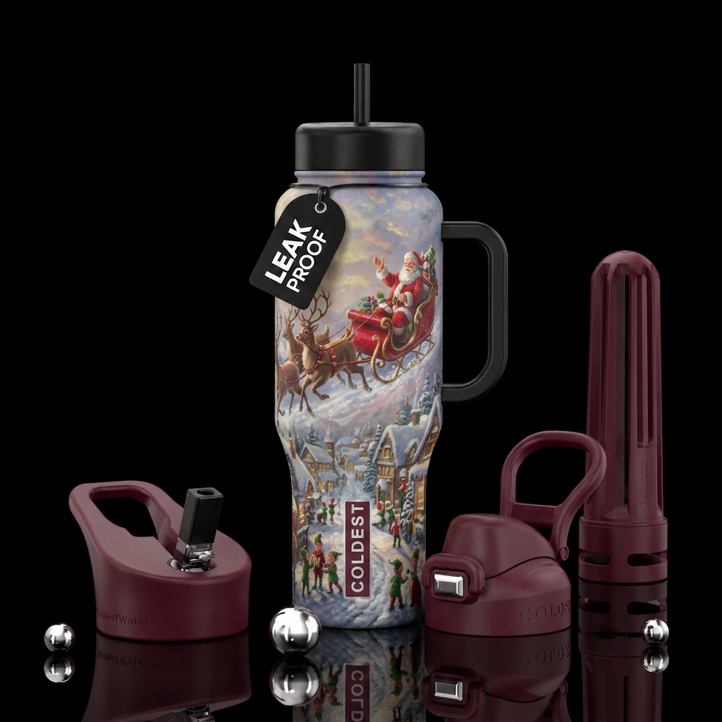 Santa in his sleigh with elves in the spirit of Th... water bottle design