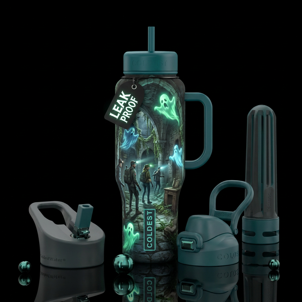 Ghost hunters in an old castle with glowy ghosts water bottle design