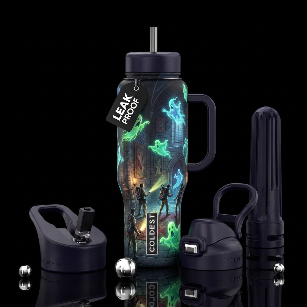 Ghost hunters in an old castle with glowy ghosts water bottle design