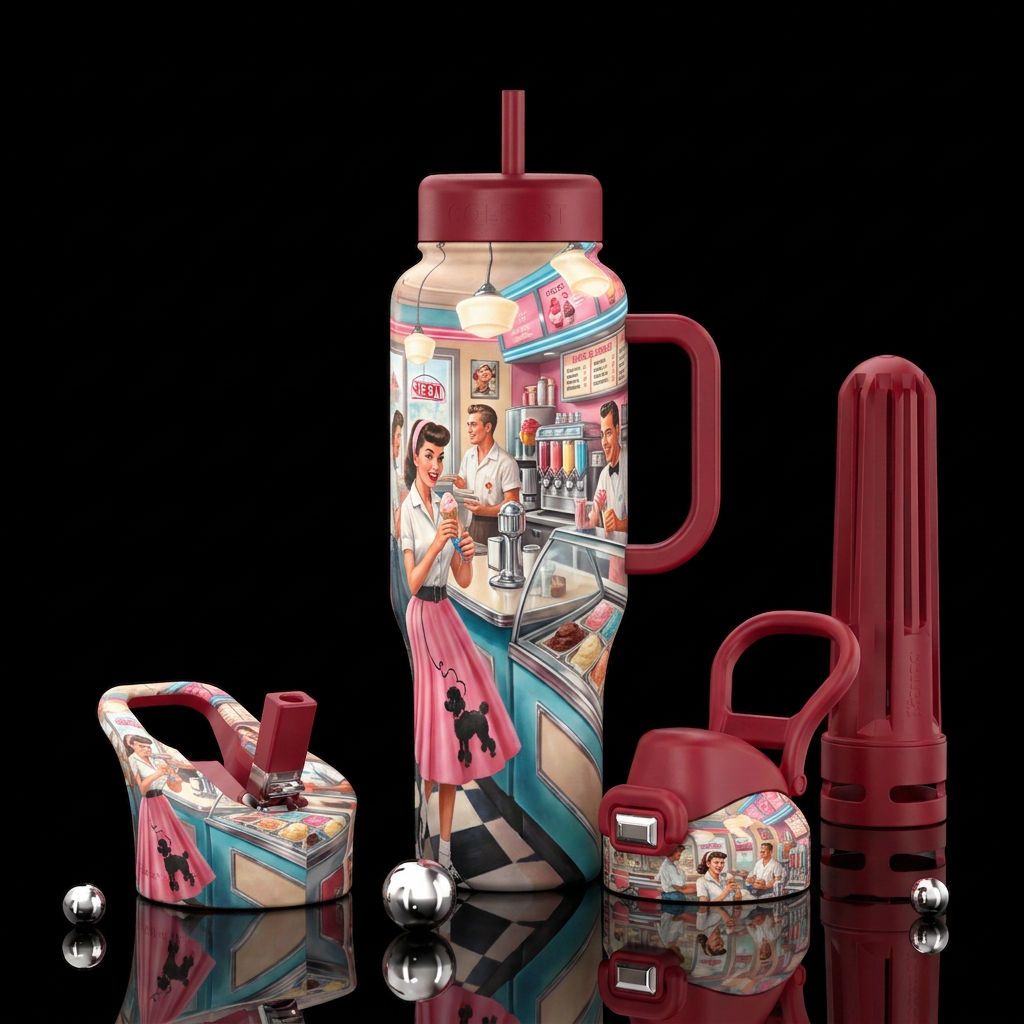 Old fashioned ice cream shop with people dressed i... water bottle design