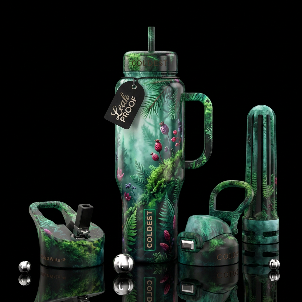 Tumbler inspired by forests of the northwest water bottle design