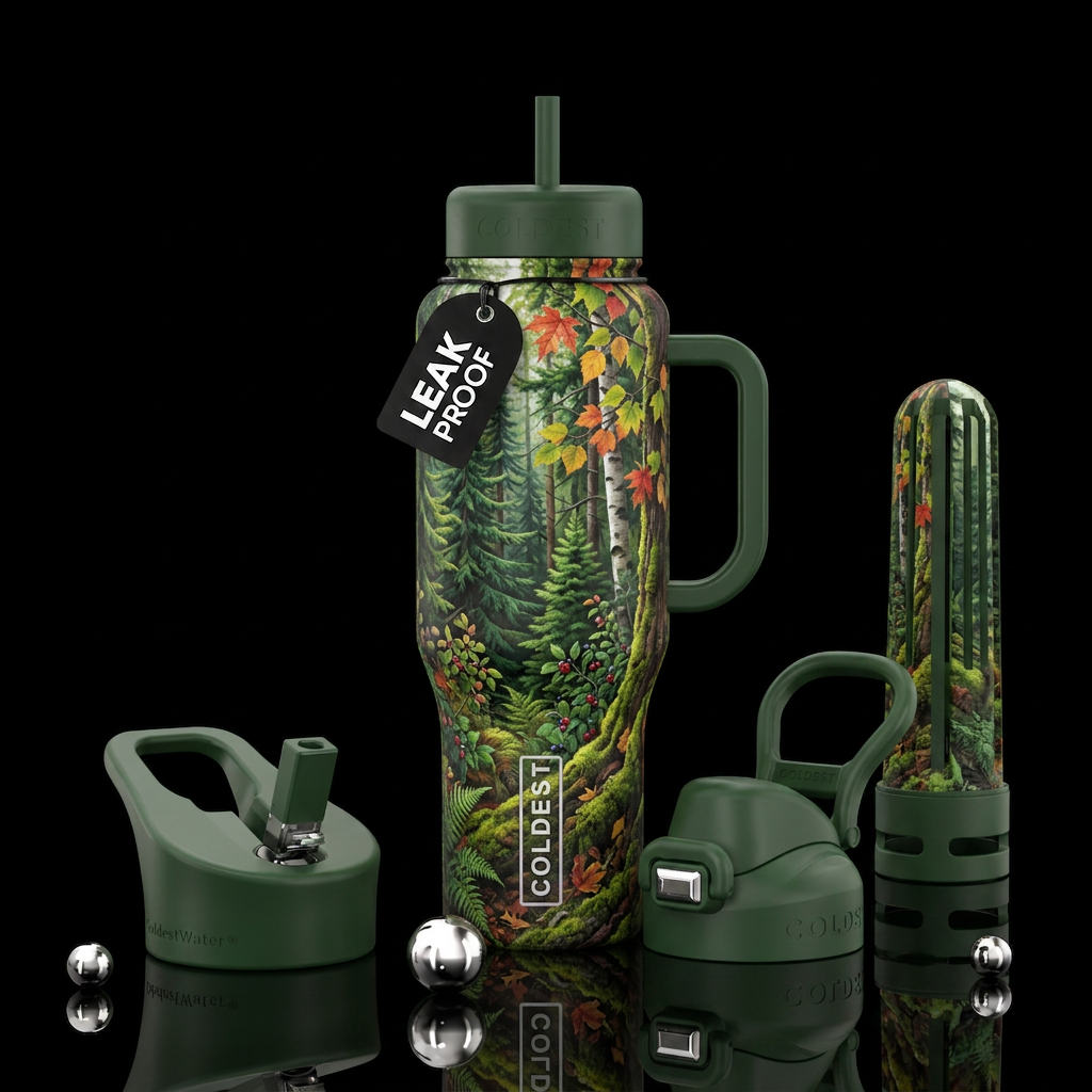Tumbler inspired by forests of the northwest water bottle design