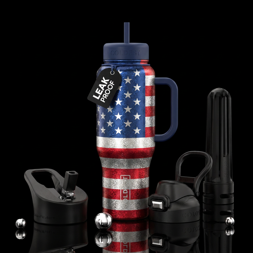 Tumbler inspired by the US flag shimmering water bottle design