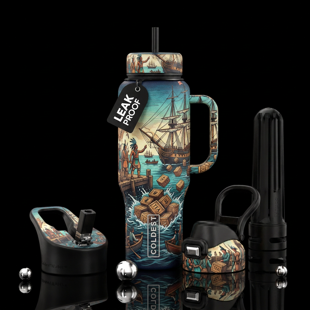 Tumbler inspired by the Boston tea party water bottle design