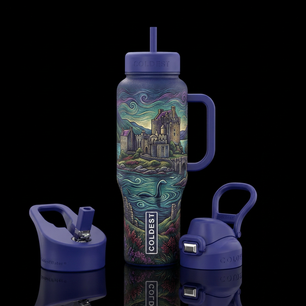 Tumbler inspired by scottish legend water bottle design
