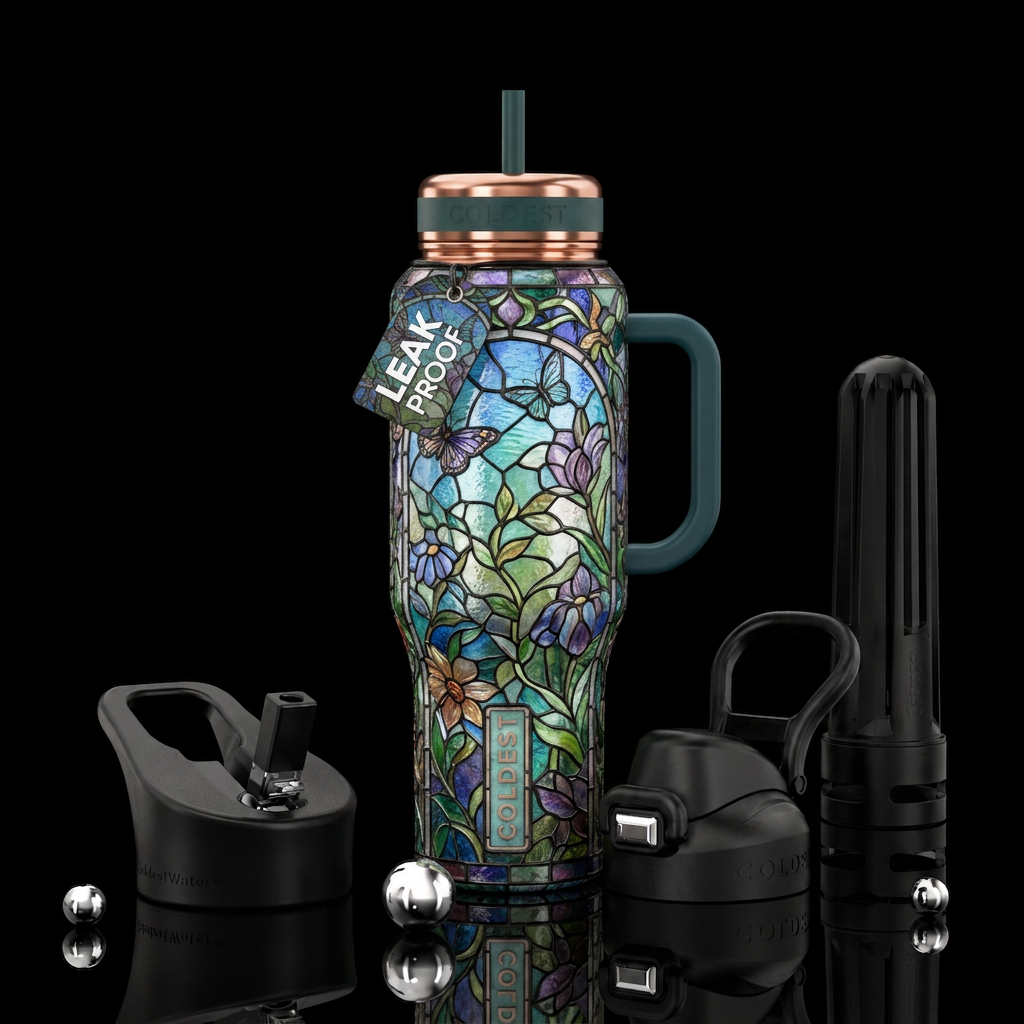 Tumbler inspired by, stained glass, garden water bottle design