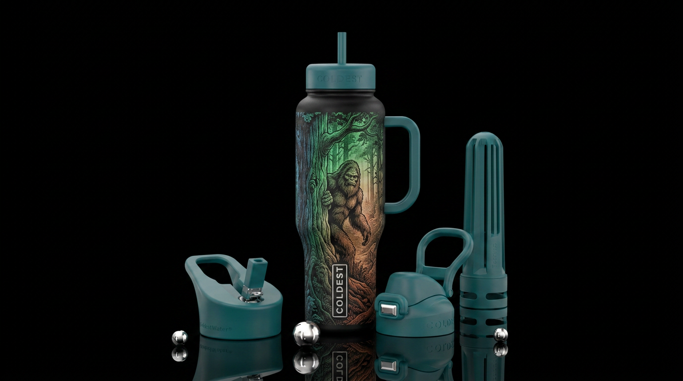Engraved sasquatch in the forest water bottle design