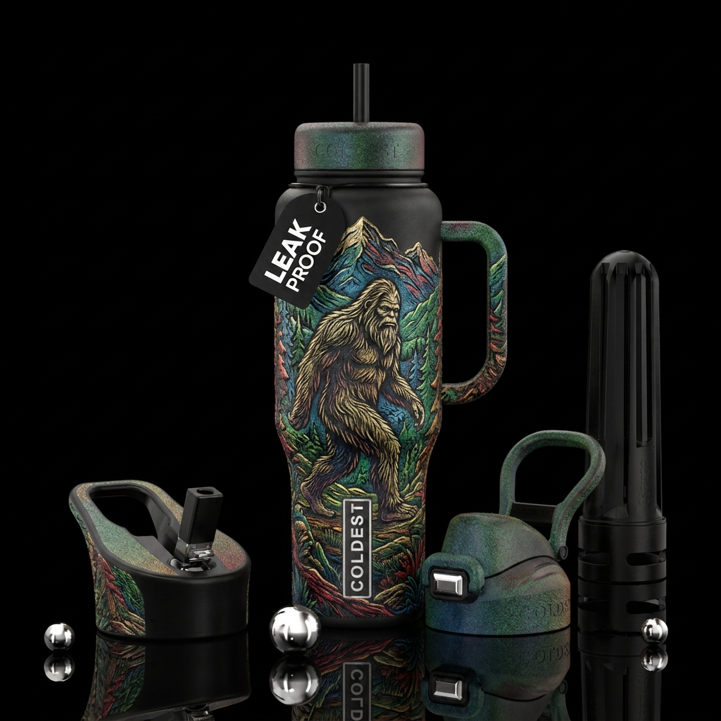 Engraved sasquatch in the forest colorized with te... water bottle design