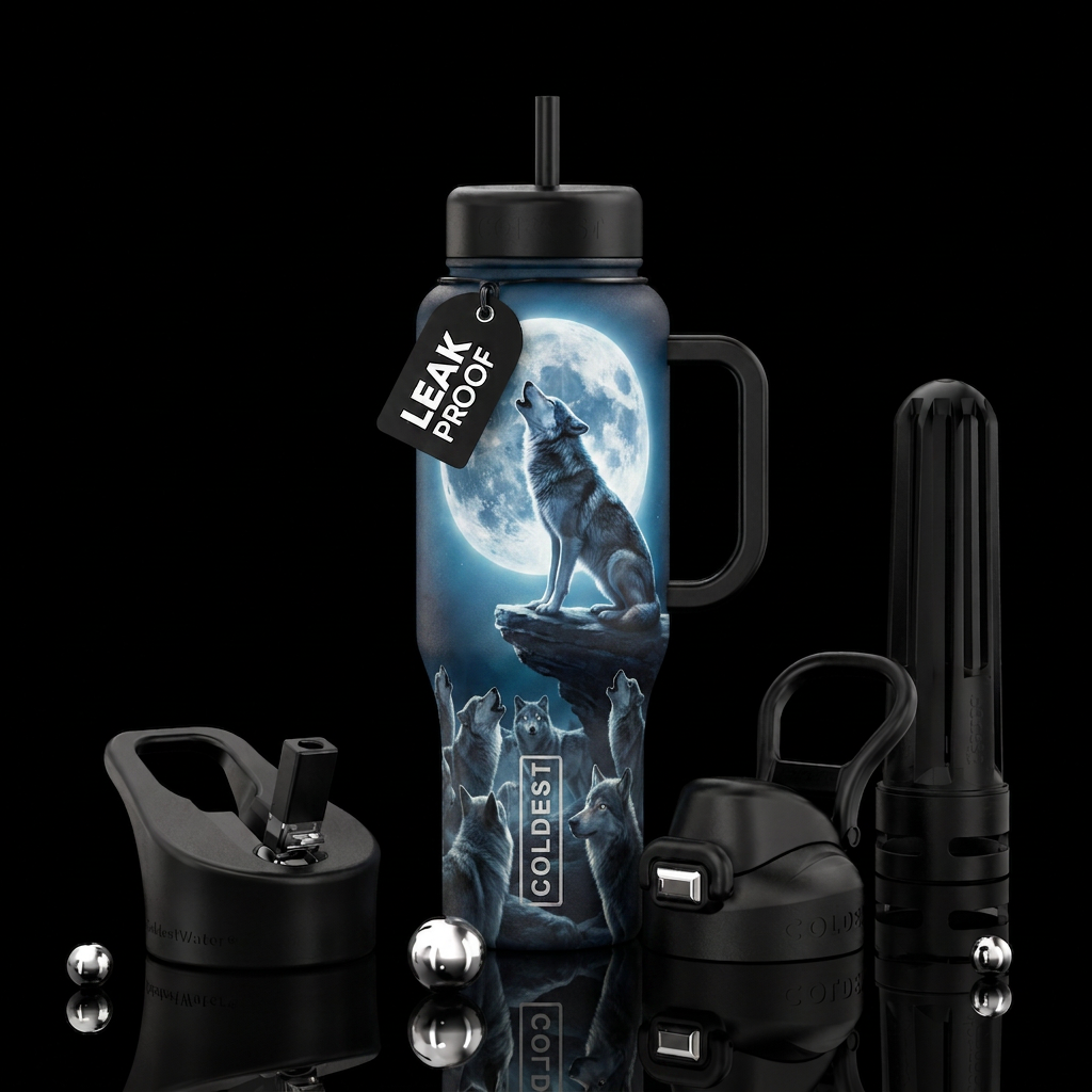 Alpha wolf praying at the full moon on a rock ledg... water bottle design