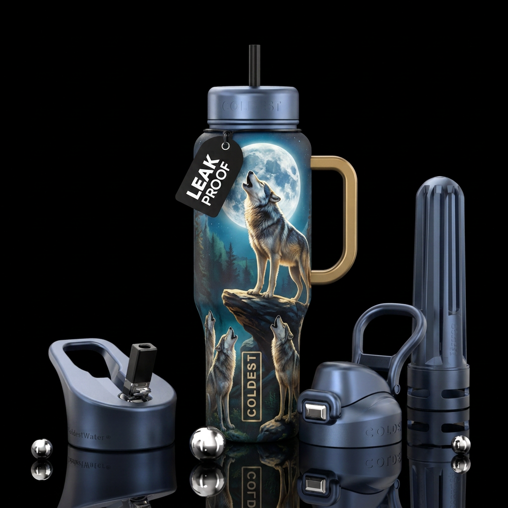 Alpha wolf howling at the full moon on a rock ledg... water bottle design