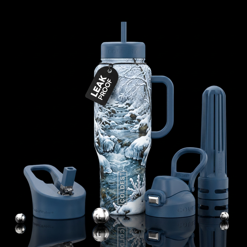 Winter babbling brook with ice forming on the rock... water bottle design