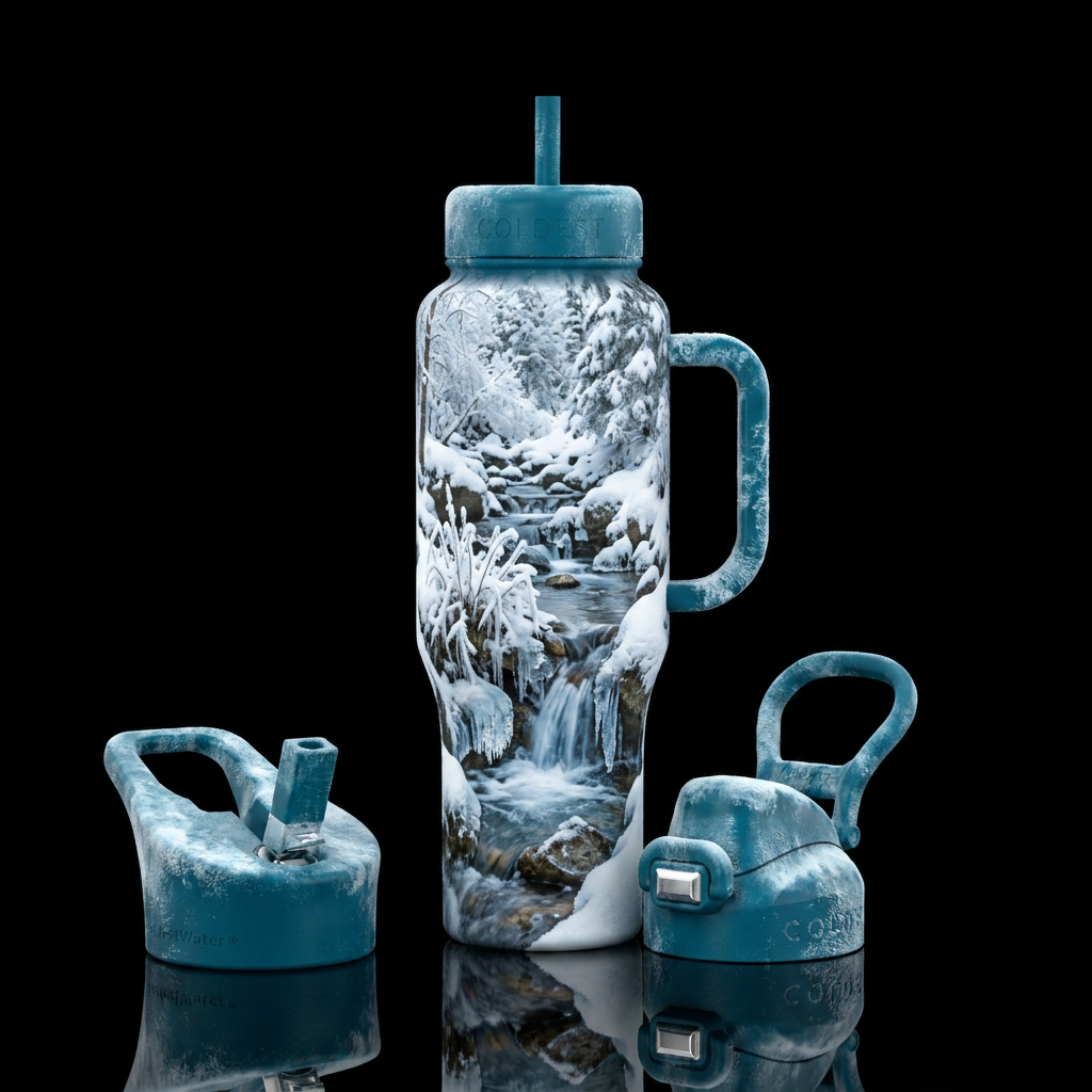 Winter babbling brook with ice forming on the rock... water bottle design