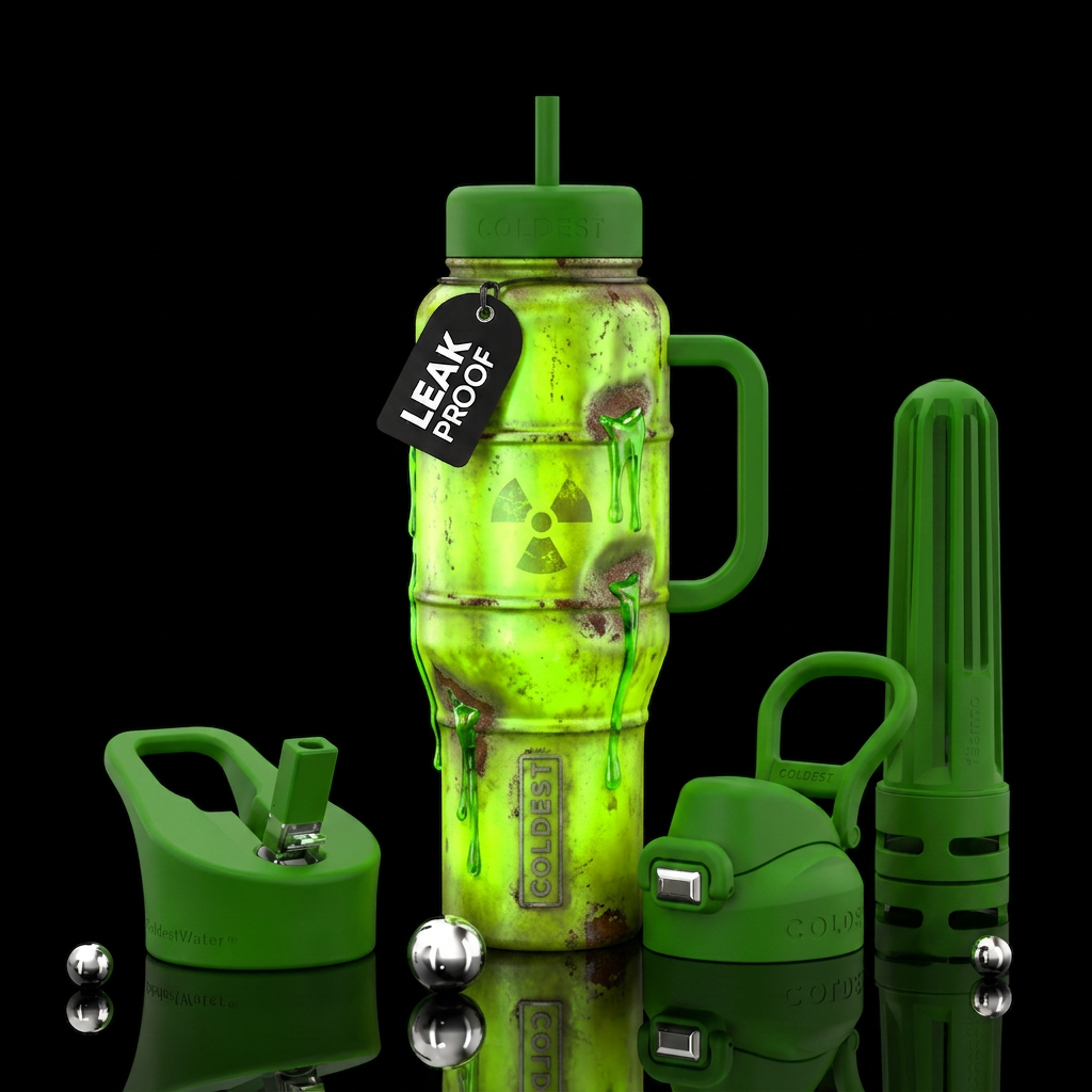 Tumbler resembles a leaky barrel od radioactive wa... water bottle design