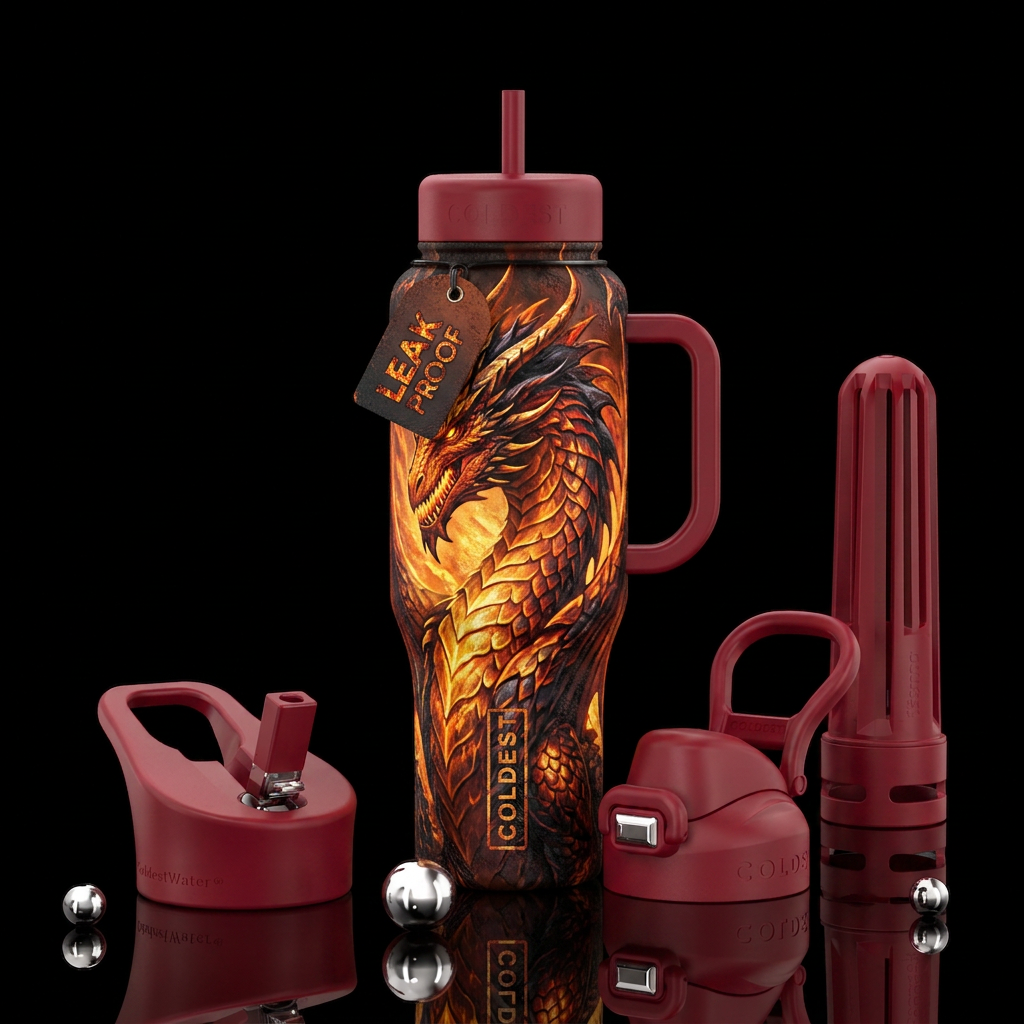 Tumbler inspired by a fire breathing dragon water bottle design