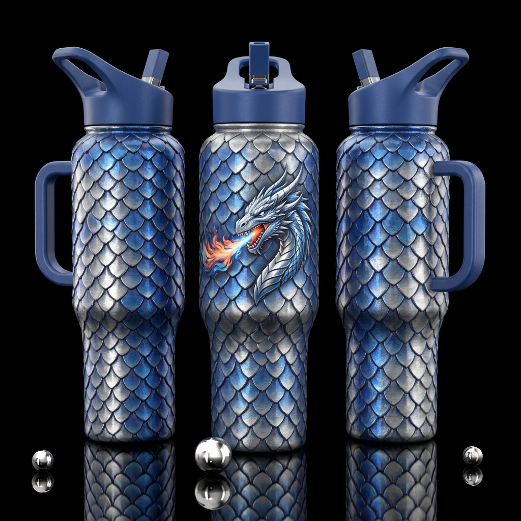 Tumbler inspired by a fire breathing dragon with s... water bottle design