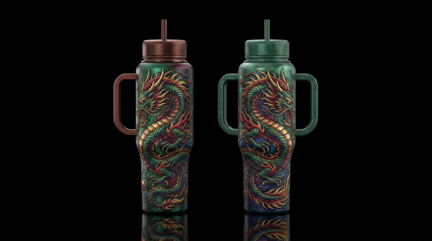 Tumbler inspired by dragons etched and colorized, ... water bottle design