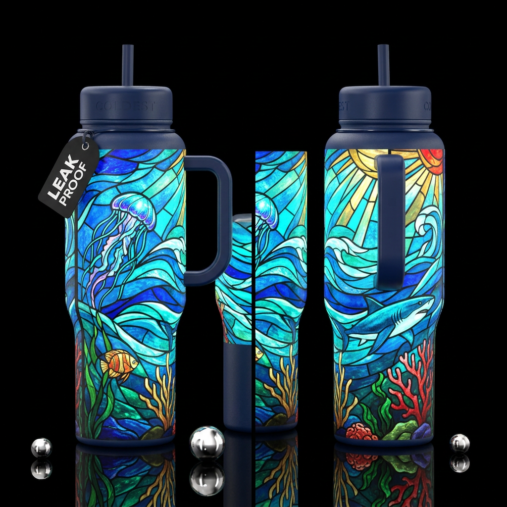 Tumbler inspired by stained glass and the ocean,gl... water bottle design
