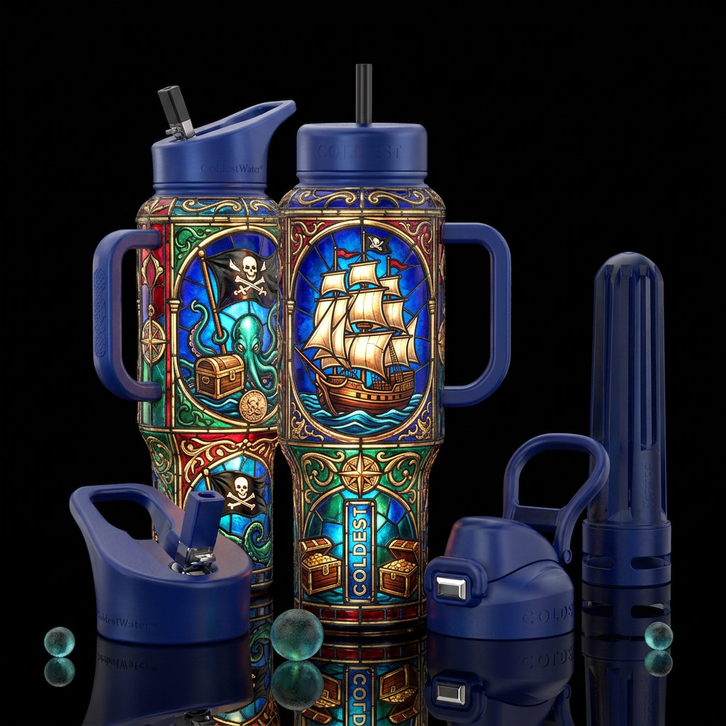 Tumbler inspired by stained glass and pirate ships... water bottle design