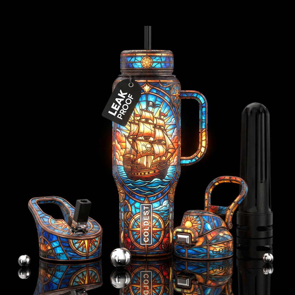 Tumbler inspired by stained glass and pirate ships... water bottle design
