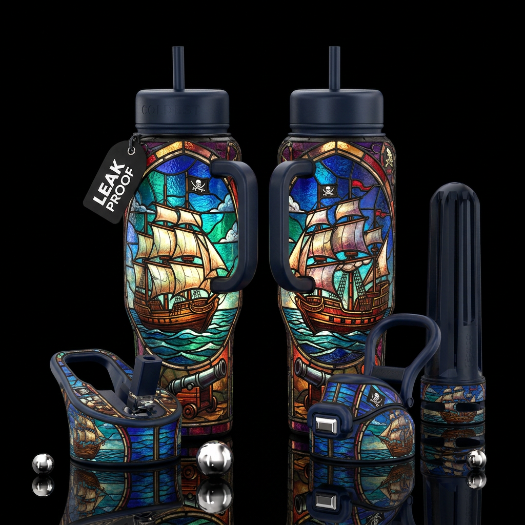 Tumbler inspired by stained glass and pirate ships... water bottle design
