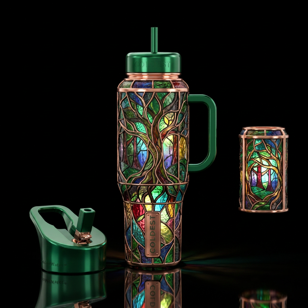 Tumbler inspired by stained glass and the forest,,... water bottle design