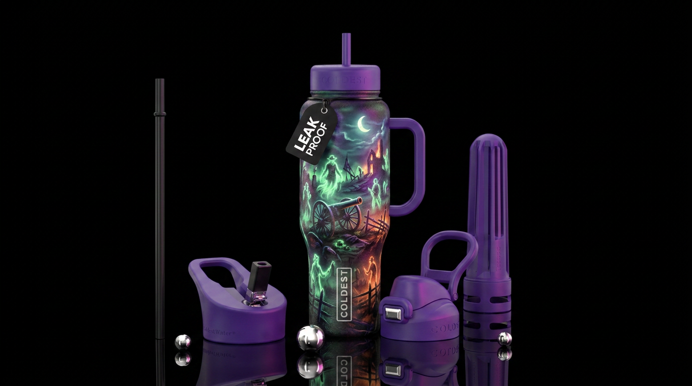 Haunted civil war battlefield at night, Glowy. water bottle design