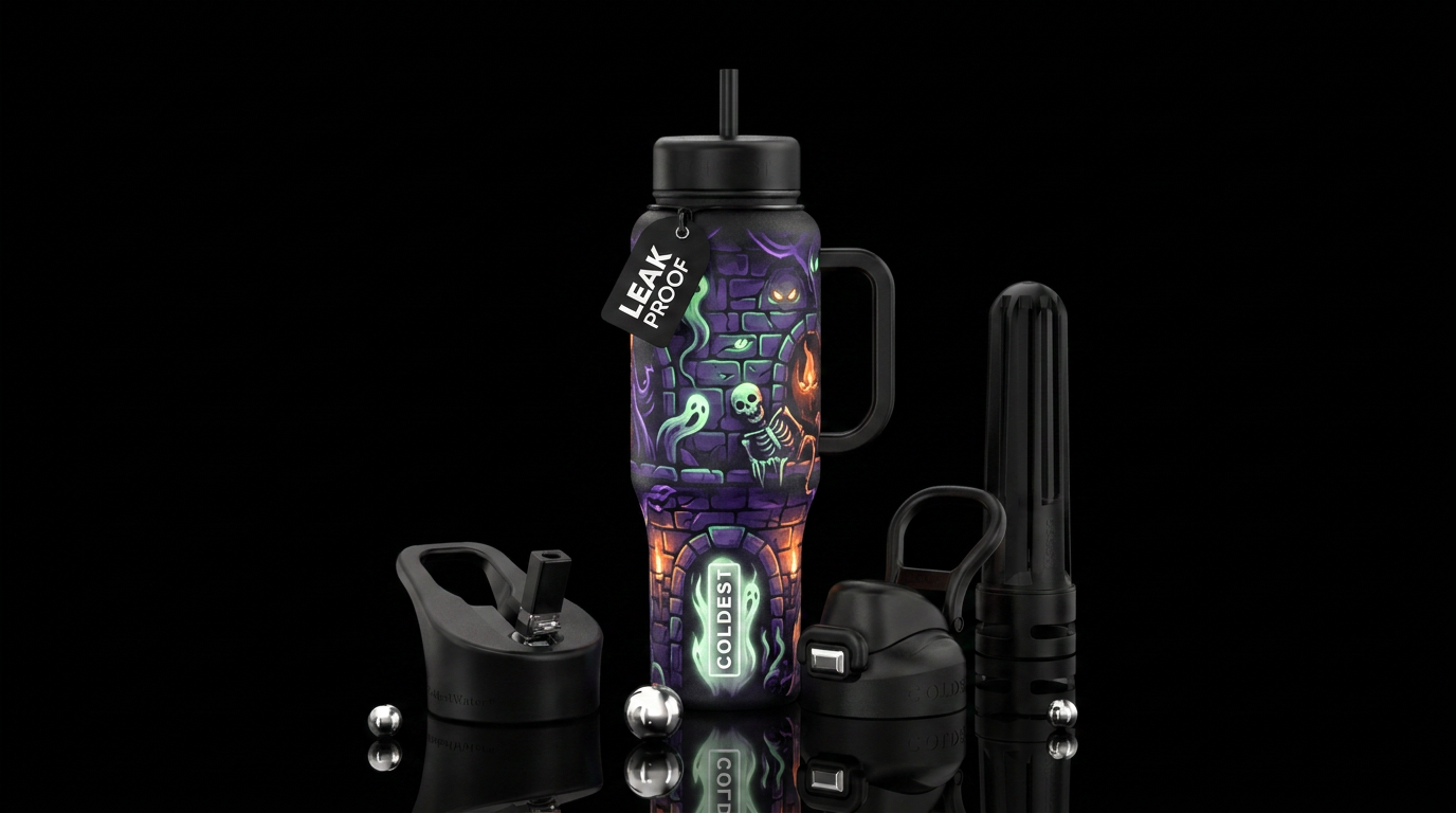 Haunted dungeon at night, Glowy. water bottle design