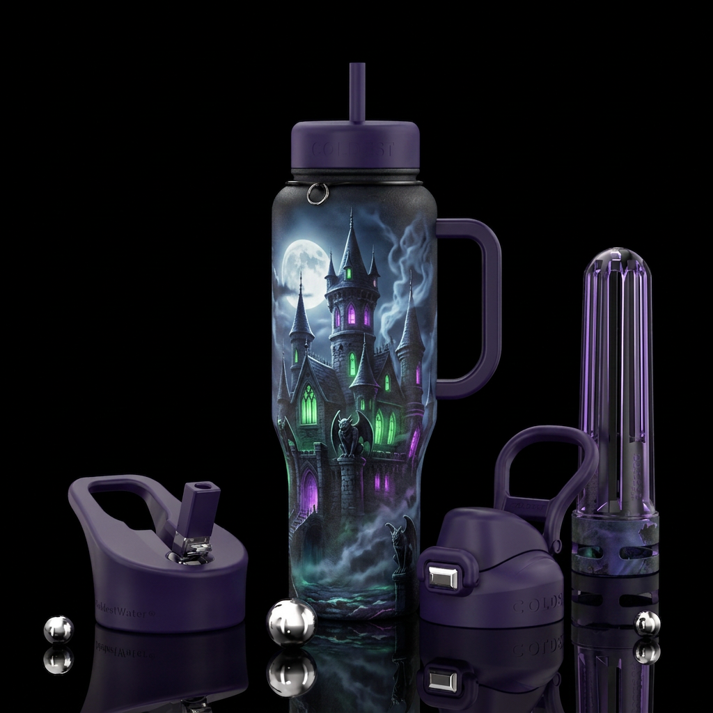 Haunted castle, Glowy, please show both sides water bottle design
