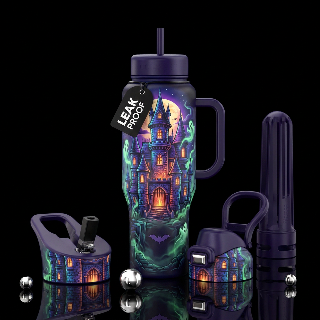 Haunted castle, Glowy, please show both sides water bottle design