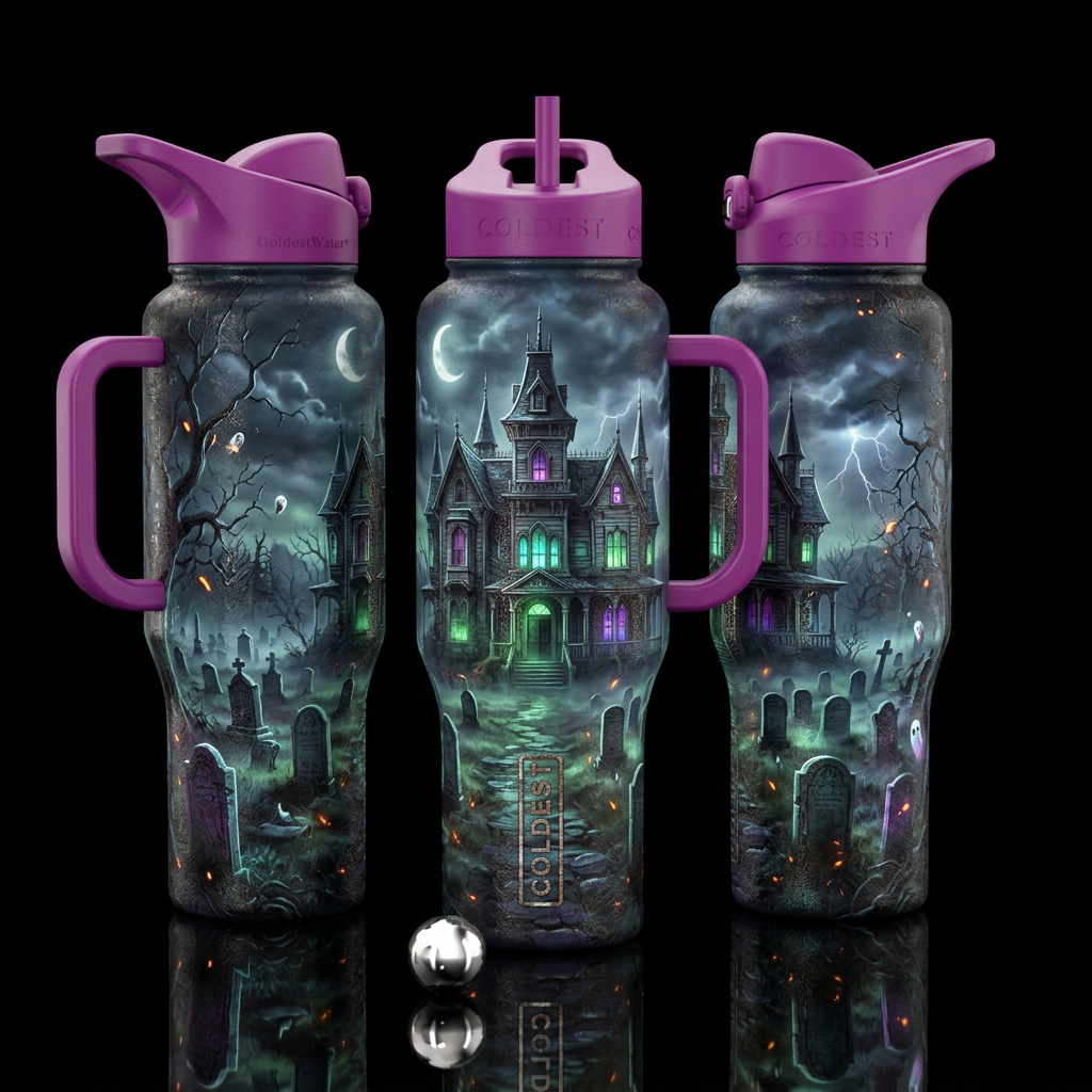 Haunted mansion with graveyard, Glowy, please show... water bottle design