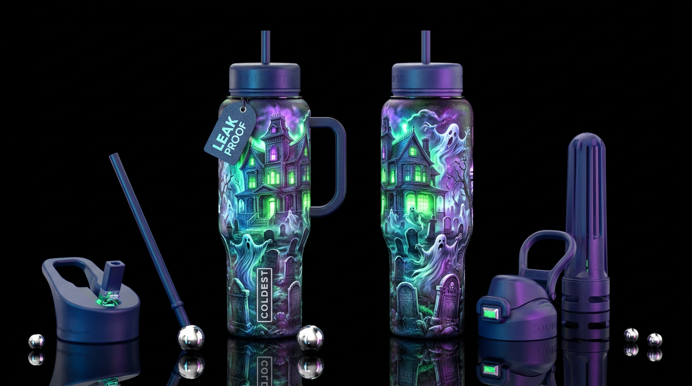 Haunted mansion with graveyard, Glowy, please show... water bottle design