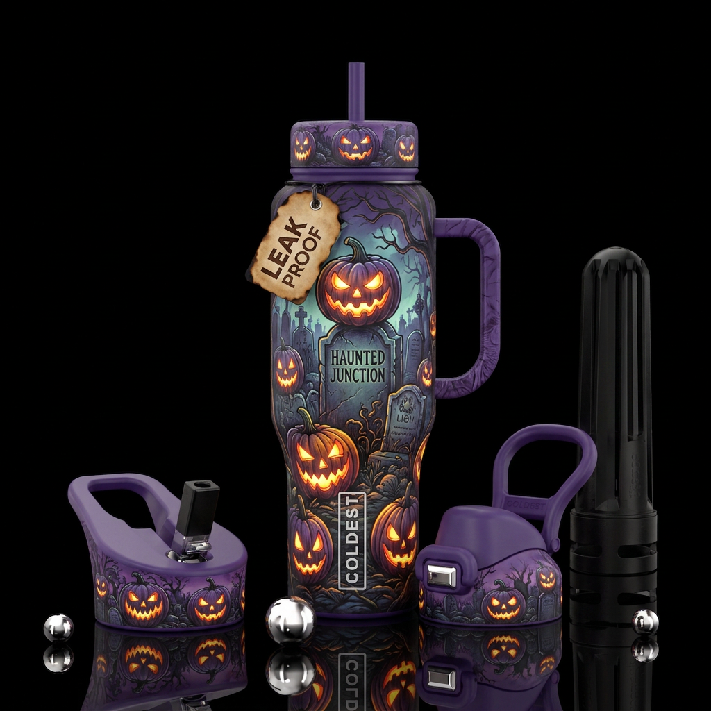 Haunted jackolanterns with graveyard, Glowy, pleas... water bottle design