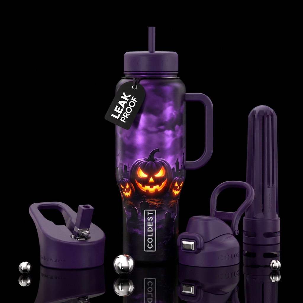 Haunted jackolanterns with graveyard, Glowy, pleas... water bottle design