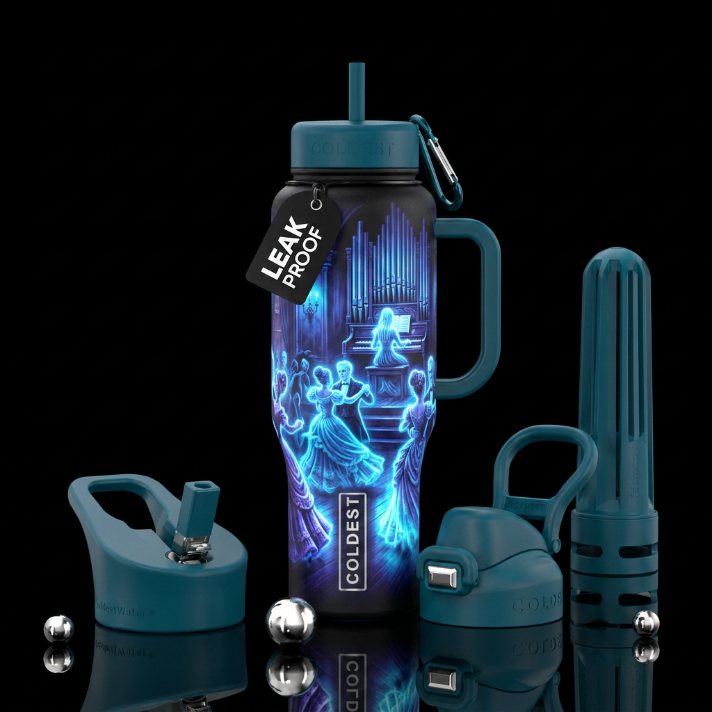Haunted  ballroom with ghost playing pipe organ, g... water bottle design