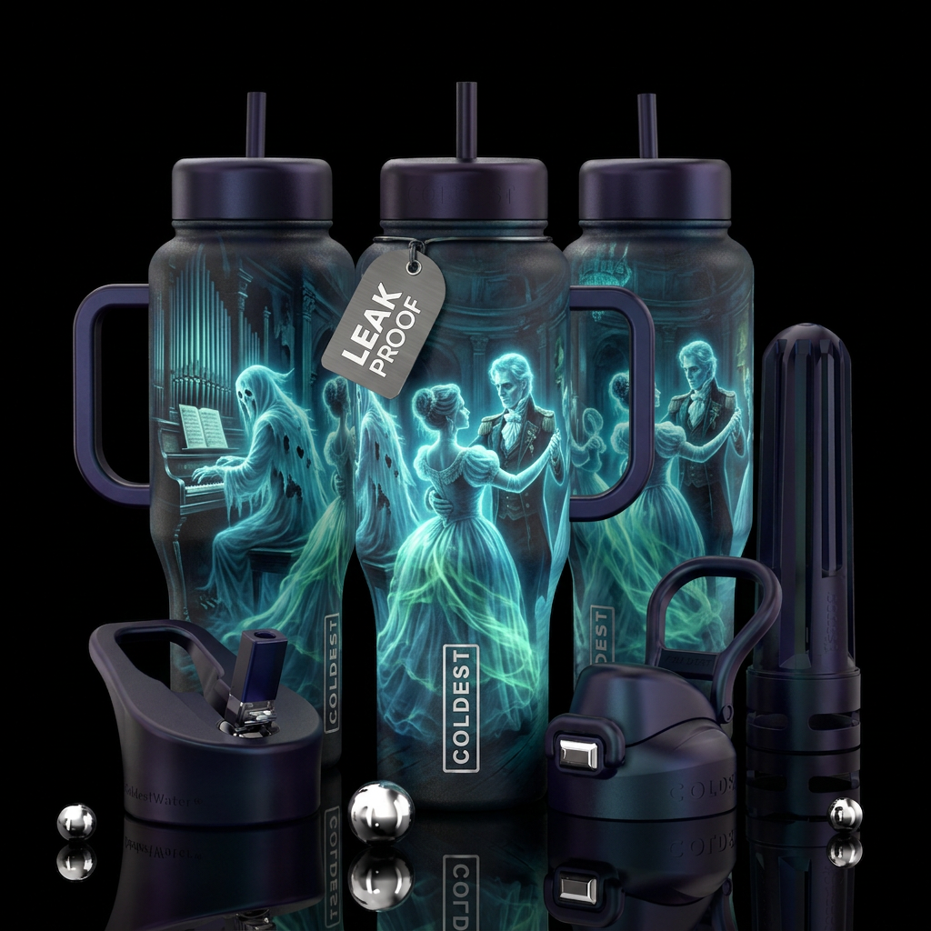Ghost playing pipe organ with glowy ghost ballroom... water bottle design
