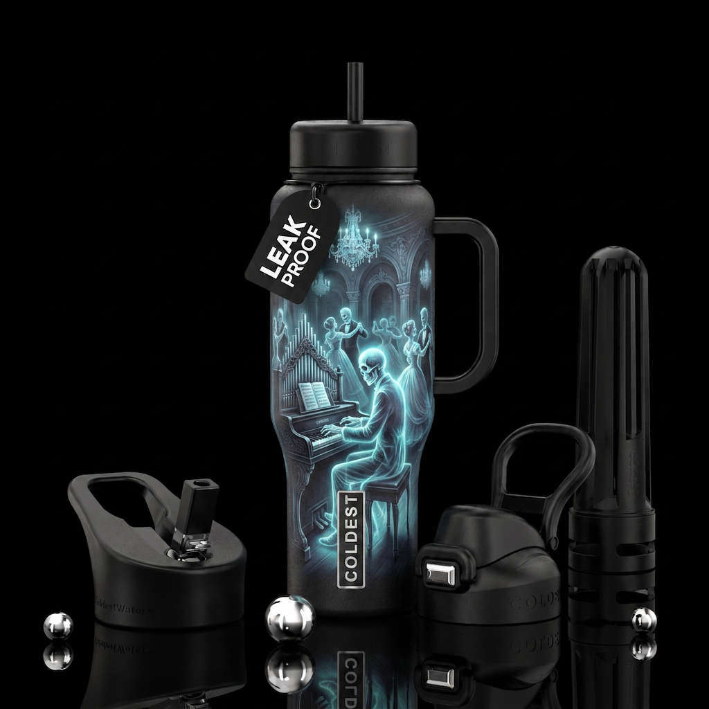 Ghost playing pipe organ with glowy ghost ballroom... water bottle design