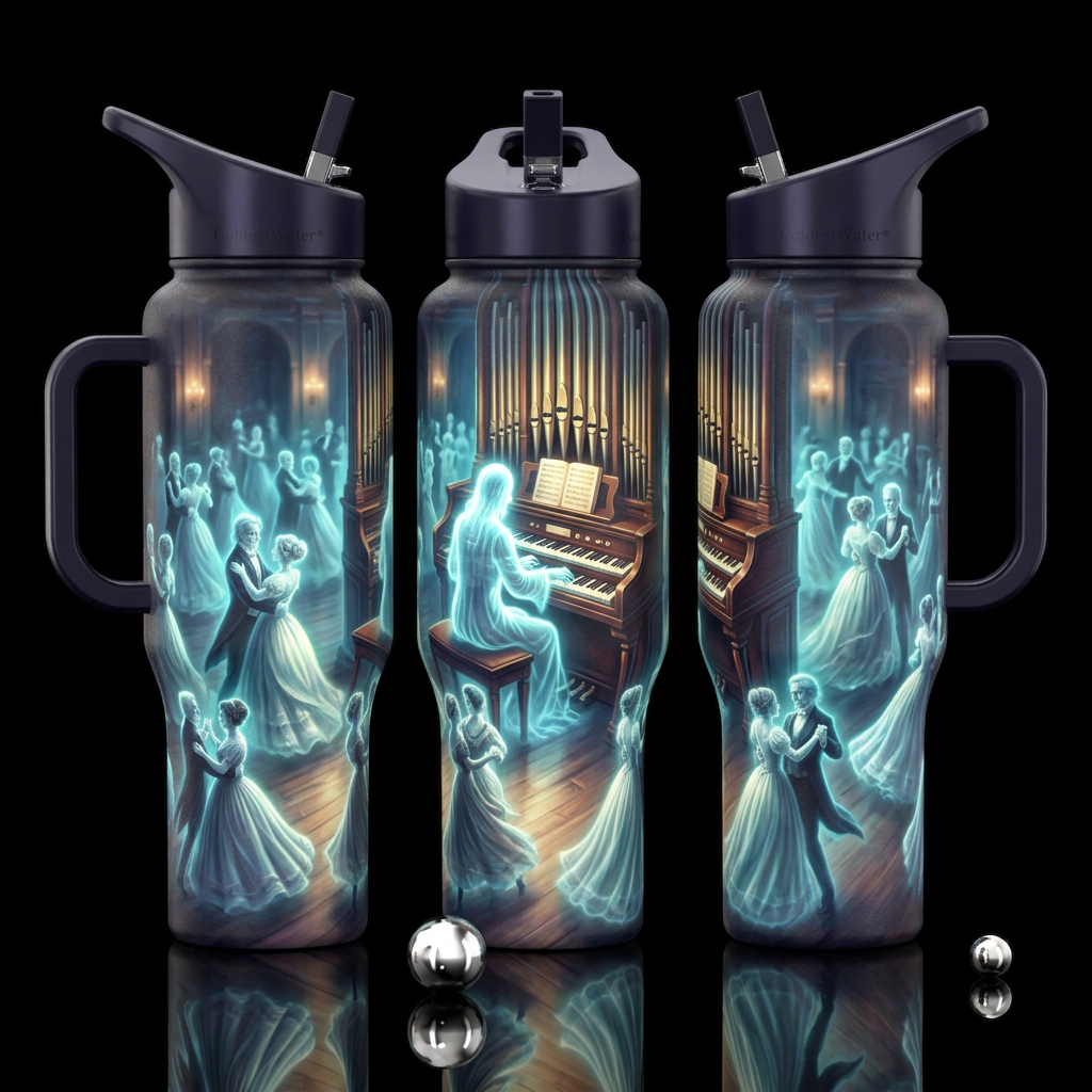 Ghost playing pipe organ with glowy ghost ballroom... water bottle design