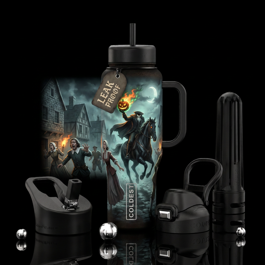Ghost headless horseman throwing flaming jackolant... water bottle design