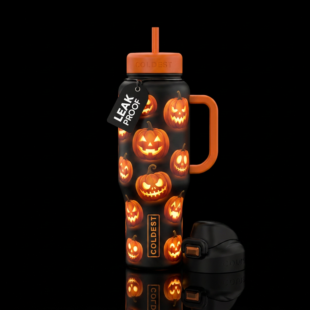 Glowy floating Jackolanterns with different faces,... water bottle design